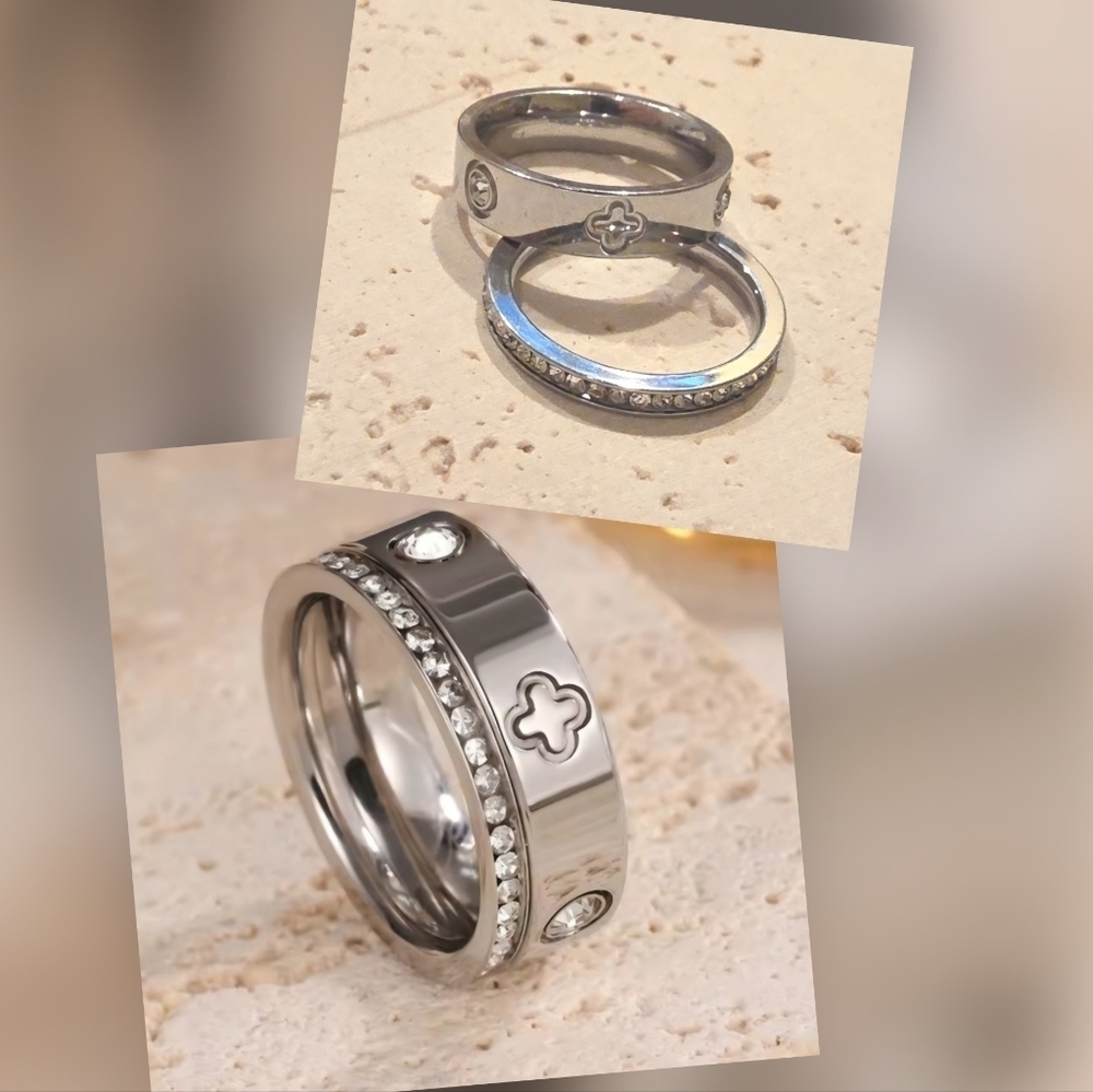 New! Luxe Pavé & Clover Ring Set Designer Style Luxury stainless Steel